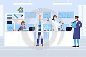 Group scientists in medical or chemical laboratory character flat vector illustration concept