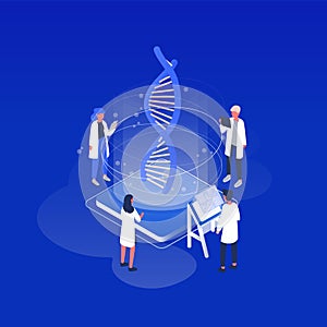 Group of scientists or researchers wearing white coats analyzing DNA molecule in science lab. Genetic engineering photo