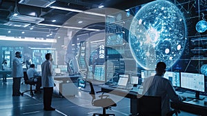 A group of scientists are working on computers in a lab AIG41