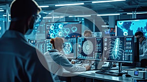 A group of scientists are working on computers in a lab AIG41