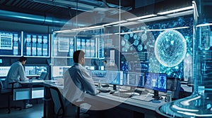 A group of scientists are working on computers in a lab AIG41