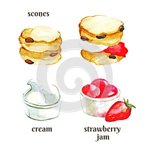 Group of scones with raisins, cream and strawberry jam in bowl. Watercolor hand drawn illustration isolated on white background photo