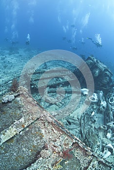 Group of scuba divers exploring a shipwreck.
