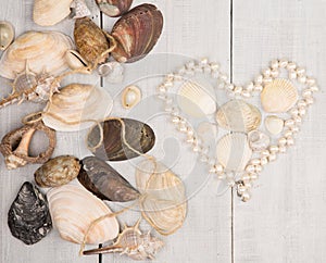 The group of sea shells and pearls laid out in the shape of heart on wooden background