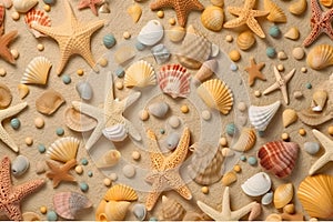 A group of sea shells and starfish on a beach. AI generative image