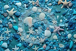 A group of sea shells and starfish on a beach. AI generative image