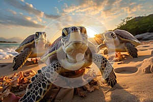 A group of sea turtles basking on a sandy beach.