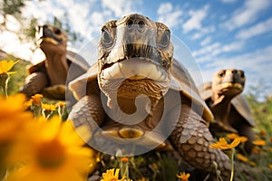 A group of sea turtles basking on a sandy beach.