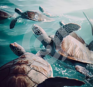 A Group of Sea Turtles Swimming in the Ocean