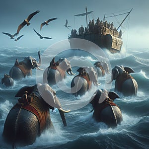 A group of seafaring elephants towing a sunken treasure chestba photo