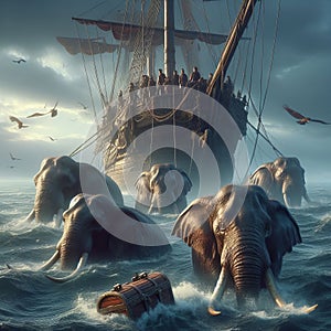 A group of seafaring elephants towing a sunken treasure chestba photo