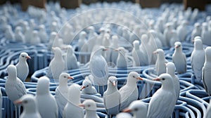 A group of seagulls sitting on top of blue chairs. Generative AI image.