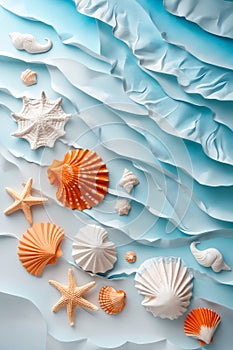 A group of seashells and starfish on a blue background. Generative AI
