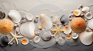 a group of seashells and starfish