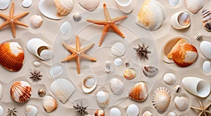 a group of seashells and starfish on sand