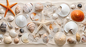 a group of seashells and starfish on sand