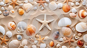 a group of seashells and starfish on sand