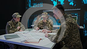 Group of security squad in control center. Military headquarters surveillance officers cyber police briefing at the