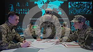 Group of security squad in control center. Military headquarters surveillance officers cyber police briefing at the