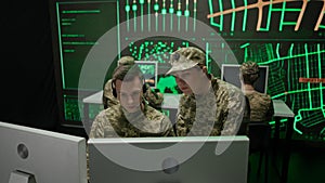 Group of security squad in control center. Military headquarters surveillance officers cyber police working in office on