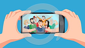 Group selfie on smartphone. Photo portrait of friendly youth team, friends make photos on phone camera cartoon vector