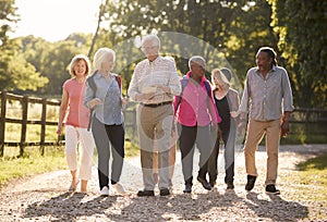 Group Of Senior Friends Hiking In Countryside