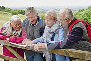 Group Of Senior Friends Hiking In Countryside Standing By Gate Looking At Map