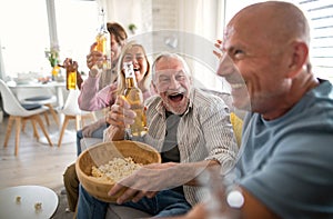 Group of senior friends watching movie indoors, party, social gathering and having fun concept.