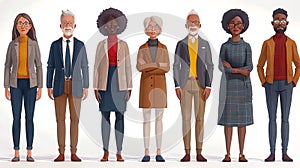 Group of senior and mature people standing in a row. Vector illustration in cartoon style