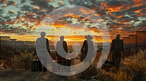 A group of senior Mexicans with suitcases and bags at the US-Mexico border, looking towards the horizon beyond the