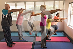 Group of senior people performing exercise at home