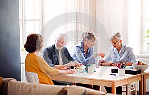 Group of senior people playing board games in community center club.