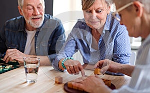 Group of senior people playing board games in community center club.