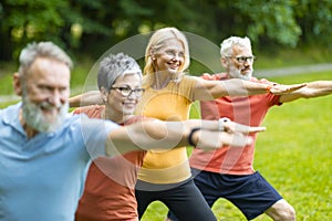 Group of senior people practicing yoga outdoors, standing in Warrior two pose