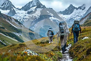 Group of senior people during their mountain hiking travel.