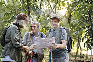 Group of senior trekkers checking a map for direction