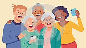 A group of seniors giggling as they take a silly Snapchat video together showcasing their playful personalities.. Vector photo