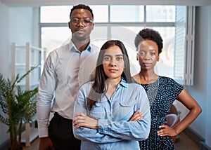 Group of serious business people pose arms folded in office, diverse trio