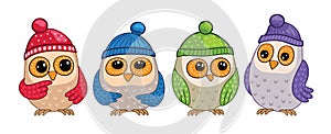 Group, set cute funny owls or sparrows. White background. Happy birthday or party. Vector.