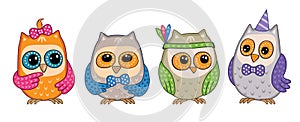 Group, set of cute funny owls on white background. Happy birthday or party. Isolated children`s cartoon fairytale illustration.