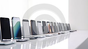 Group set of mobile smartphones in a row, close-up, white background isolate. AI generated.