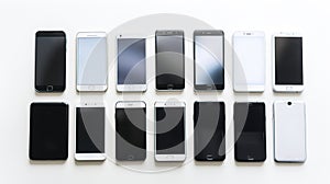 Group set of mobile smartphones in a row, close-up, white background isolate. AI generated.