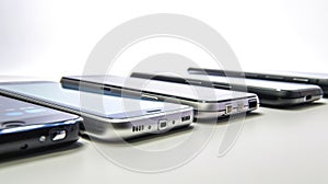 Group set of mobile smartphones in a row, close-up, white background isolate. AI generated.