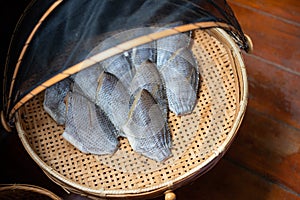 Group set of Sun dried gourami fish on bamboo basket. Salted gourami fish for food preservation is favorite delicious Thai