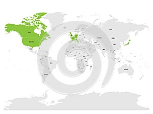 Group of Seven countries, G7, highlighted in the World map. Vector illustration