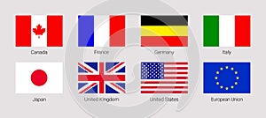 The Group of Seven flag vector illustration. G7 and EU rectangle flags icons with members countries names. Canada photo