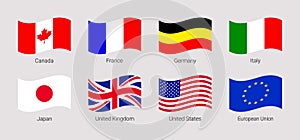 The Group of Seven flags vector illustration. G7 and EU waved flags icons with members countries names. Canada, France