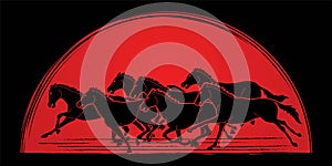 Group of seven Horses running cartoon graphic