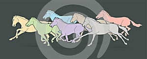 Group of seven horses running cartoon graphic