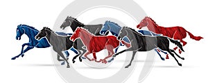 Group of seven horses running cartoon graphic